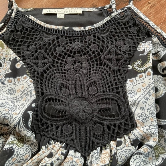 Daniel Rainn Paisley Maxi Dress S Embroidered Black White Green Tan Sheer Long - Picture 4 of 12